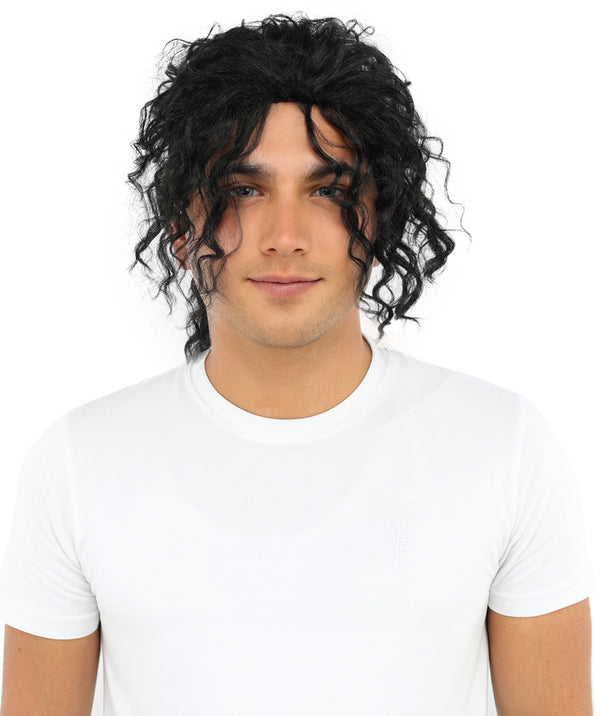 Wigs2you H-7122 大人男性用 ブラック ポップスター ミディアム カール ウィッグ - 自然な質感の合成毛 | コスプレ、ステージパフォーマンス、レトロテーマパーティーでよく使用されます