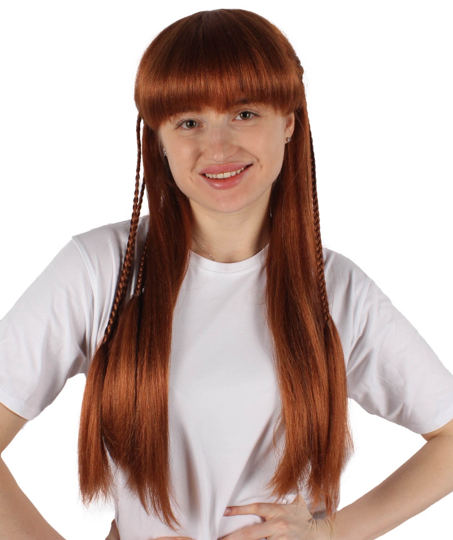 Wigs2you H-7130 女性用赤褐色ロングストレートウィッグ（編み込み付き）｜ハロウィン＆コスプレ用ウィッグ｜難燃性合成繊維