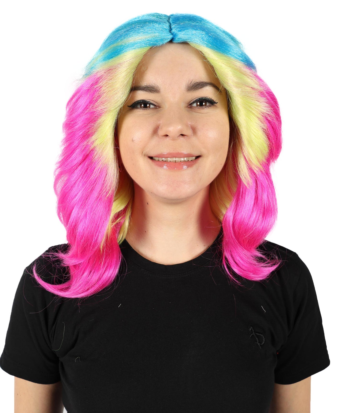 Wigs2you H-7143 女性用 鮮やかなウェーブのかかった大胆なレインボー コスプレ トロール ウィッグ | 難燃性合成繊維ヘア | プレミアム通気性キャップレスキャップ、