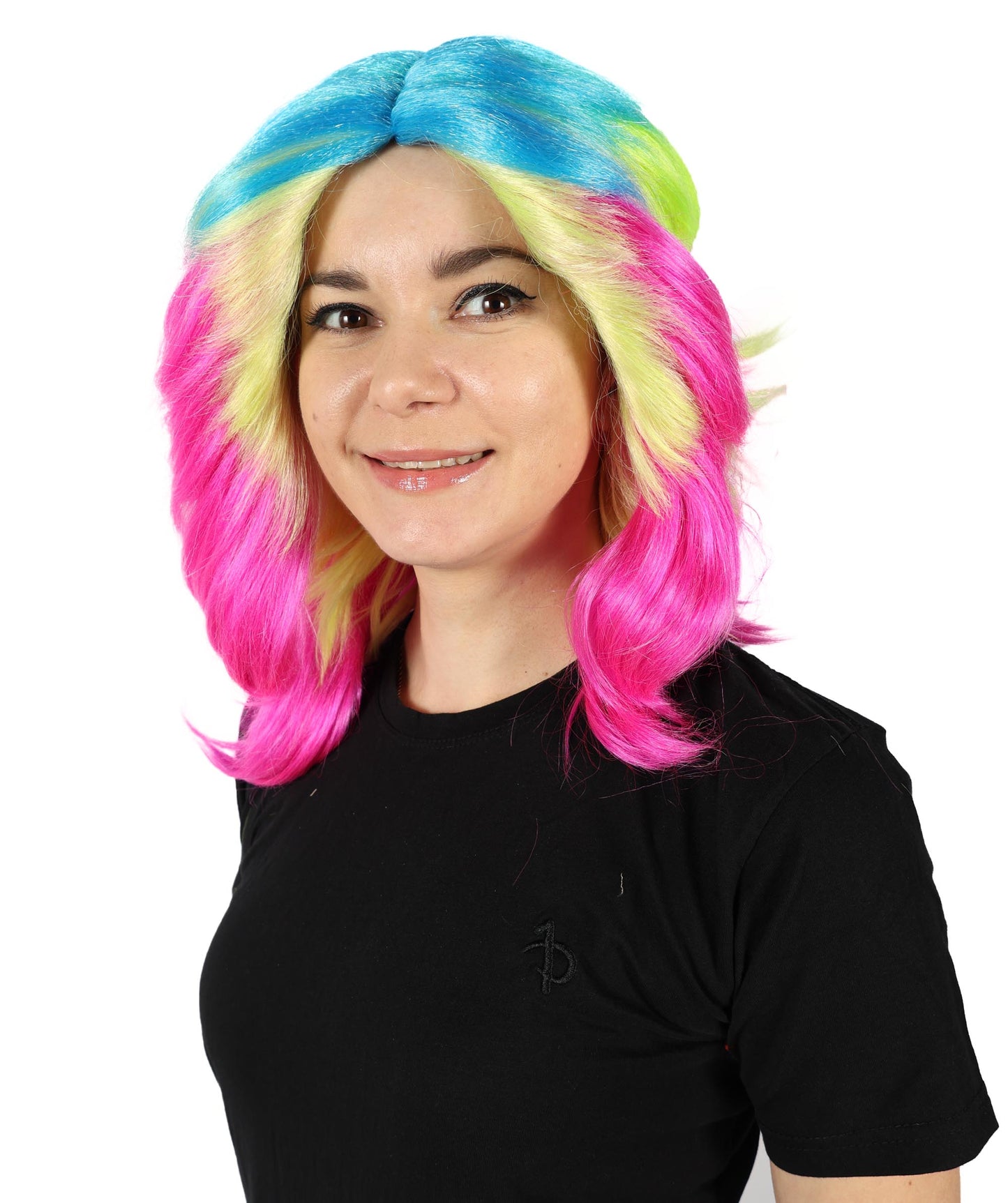 Wigs2you H-7143 女性用 鮮やかなウェーブのかかった大胆なレインボー コスプレ トロール ウィッグ | 難燃性合成繊維ヘア | プレミアム通気性キャップレスキャップ、
