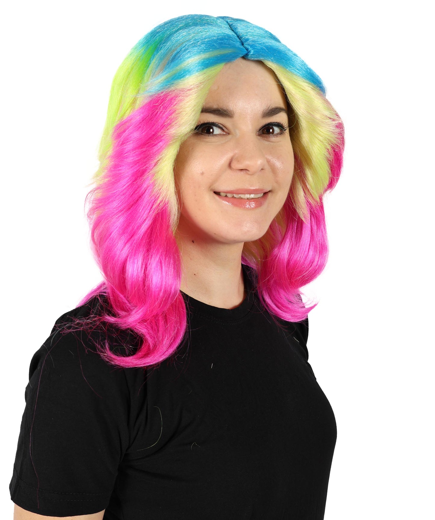 Wigs2you H-7143 女性用 鮮やかなウェーブのかかった大胆なレインボー コスプレ トロール ウィッグ | 難燃性合成繊維ヘア | プレミアム通気性キャップレスキャップ、
