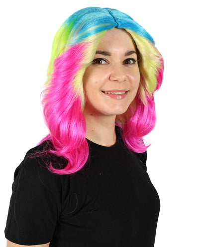 Wigs2you H-7143 女性用 鮮やかなウェーブのかかった大胆なレインボー コスプレ トロール ウィッグ | 難燃性合成繊維ヘア | プレミアム通気性キャップレスキャップ、