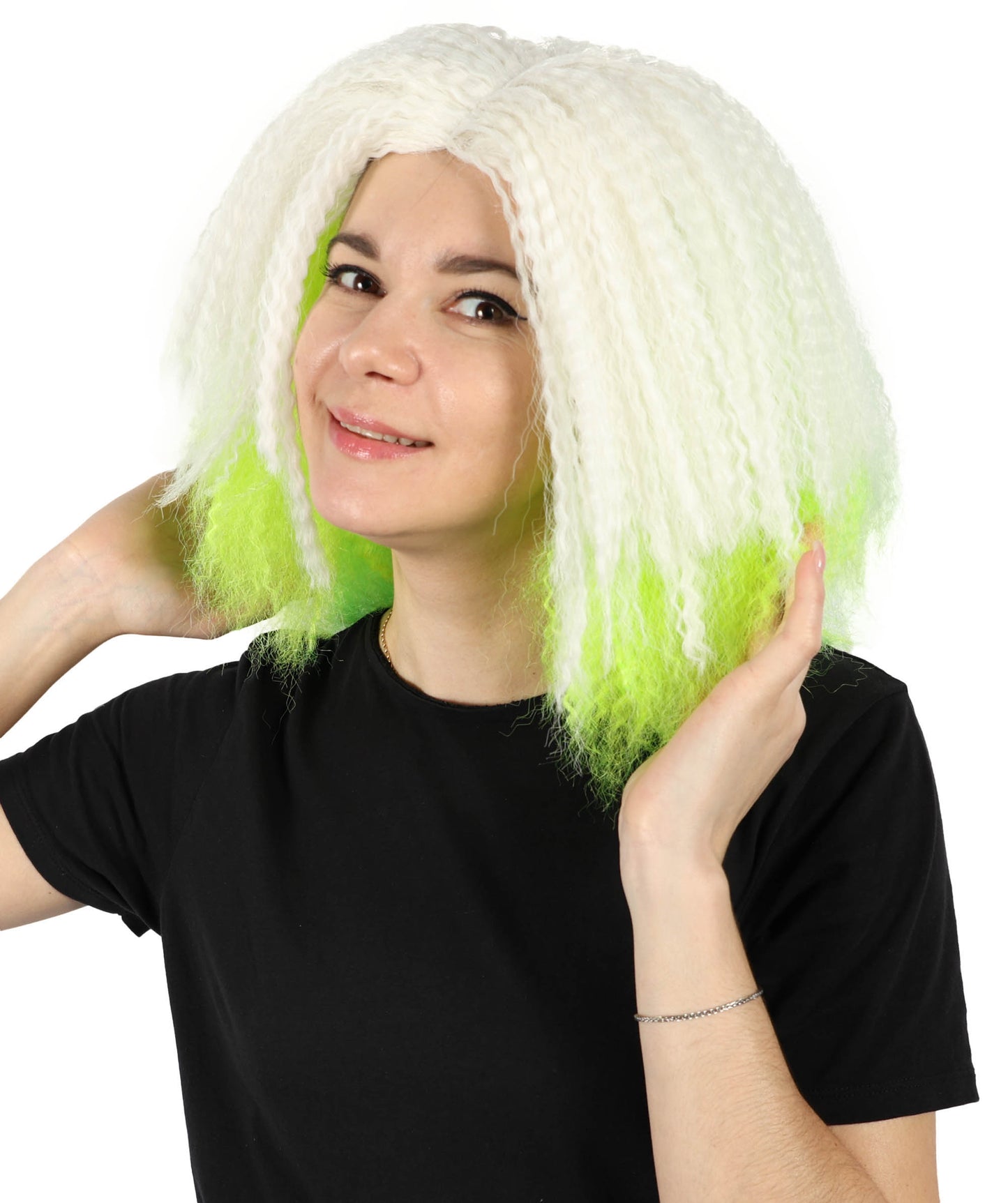 Wigs2you H-7154 コスプレウィッグ レディース ホワイト＆ネオングリーン クランプウェーブ フルウィッグ ボリュームスタイル 耐熱ファイバー ゴシック風 ファンタジー風 ハロウィン 仮装 テーマパーティー イベント