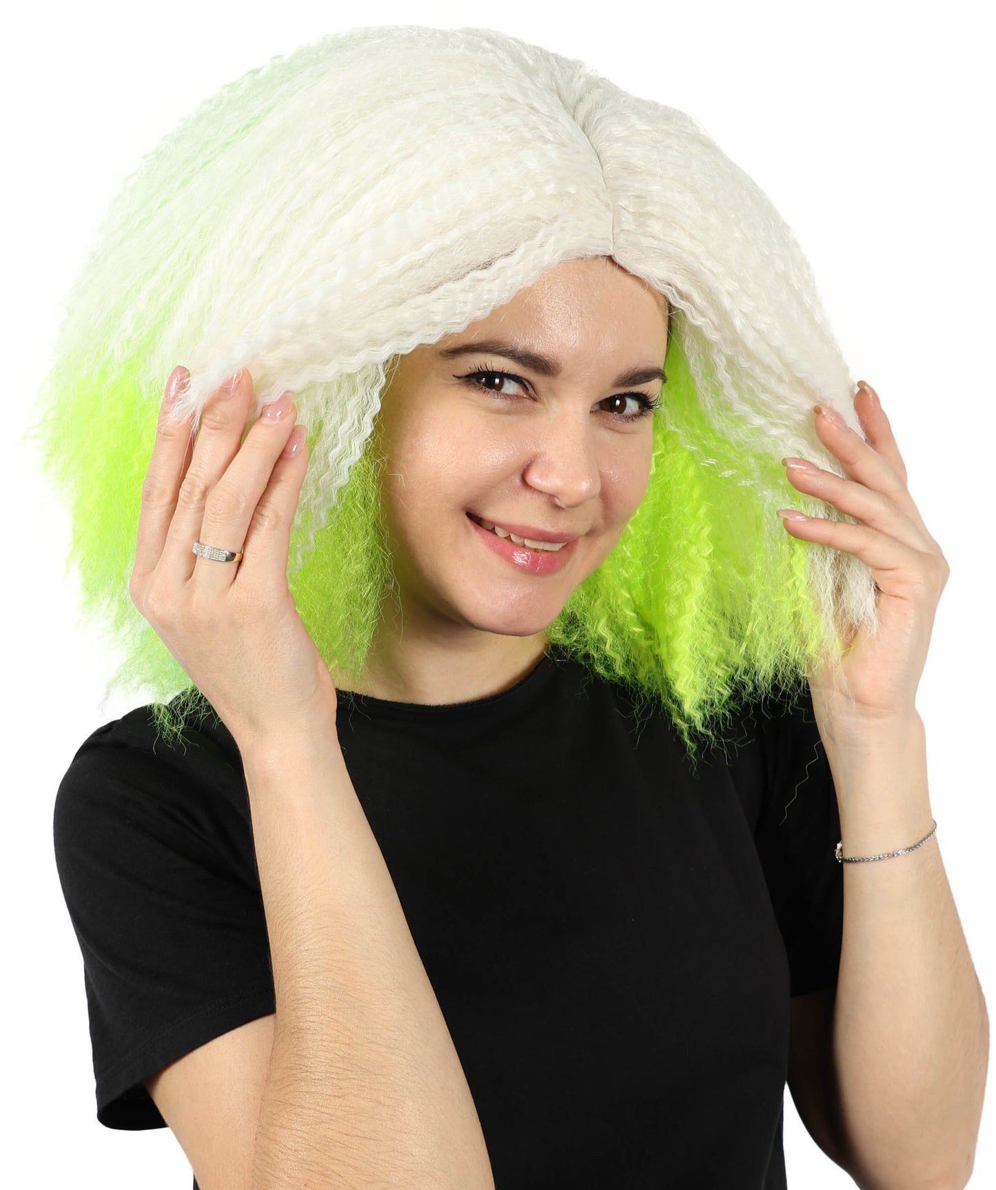 Wigs2you H-7154 コスプレウィッグ レディース ホワイト＆ネオングリーン クランプウェーブ フルウィッグ ボリュームスタイル 耐熱ファイバー ゴシック風 ファンタジー風 ハロウィン 仮装 テーマパーティー イベント