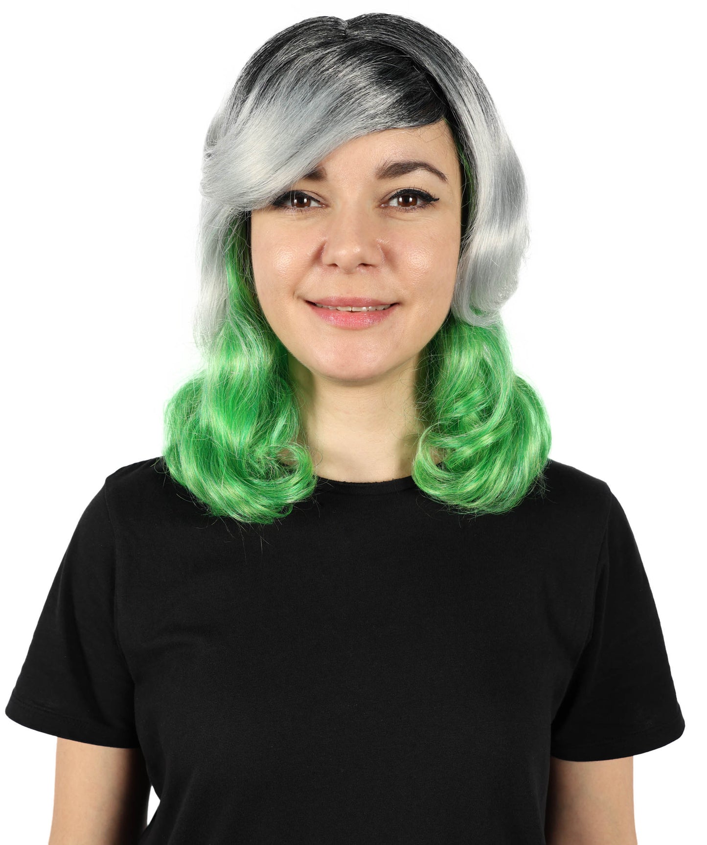 Wigs2you H-7159 大人女性用 オンブルグレー＆グリーン ショートウェーブボブウィッグ（前髪付き）｜合成繊維ファッションウィッグ｜普段使い、コスプレ、コスチューム用