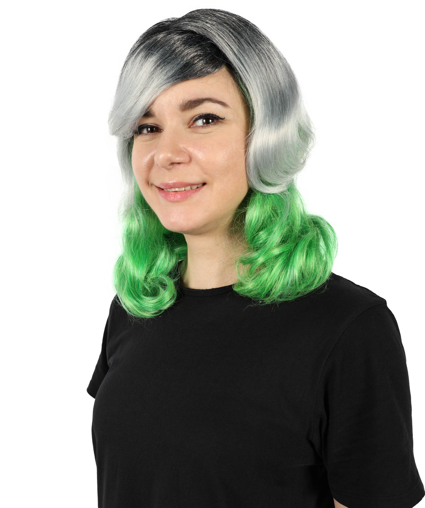 Wigs2you H-7159 大人女性用 オンブルグレー＆グリーン ショートウェーブボブウィッグ（前髪付き）｜合成繊維ファッションウィッグ｜普段使い、コスプレ、コスチューム用