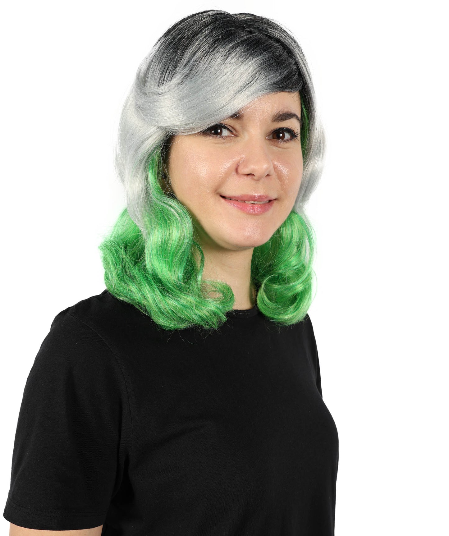 Wigs2you H-7159 大人女性用 オンブルグレー＆グリーン ショートウェーブボブウィッグ（前髪付き）｜合成繊維ファッションウィッグ｜普段使い、コスプレ、コスチューム用