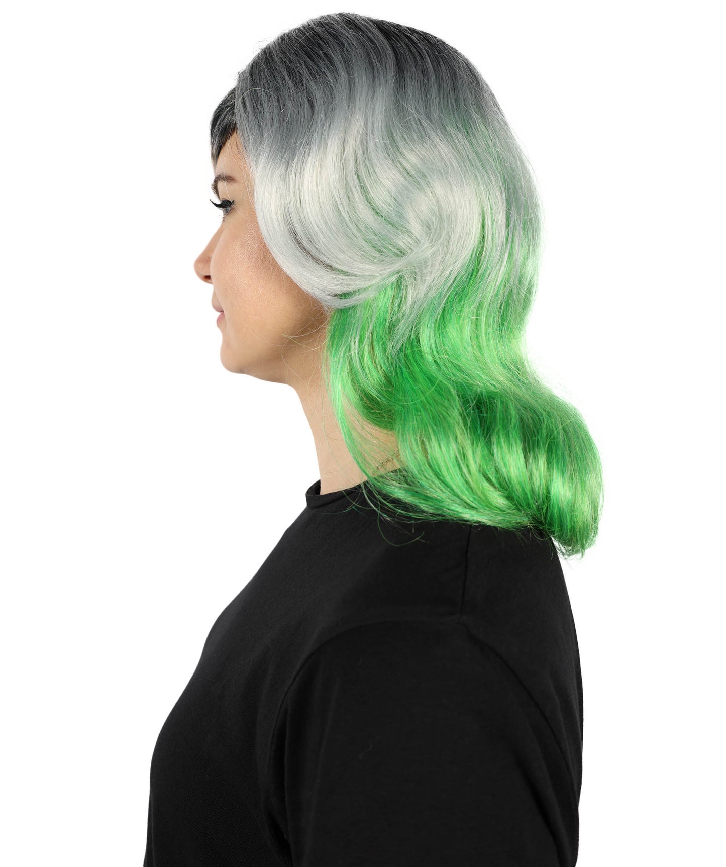 Wigs2you H-7159 大人女性用 オンブルグレー＆グリーン ショートウェーブボブウィッグ（前髪付き）｜合成繊維ファッションウィッグ｜普段使い、コスプレ、コスチューム用