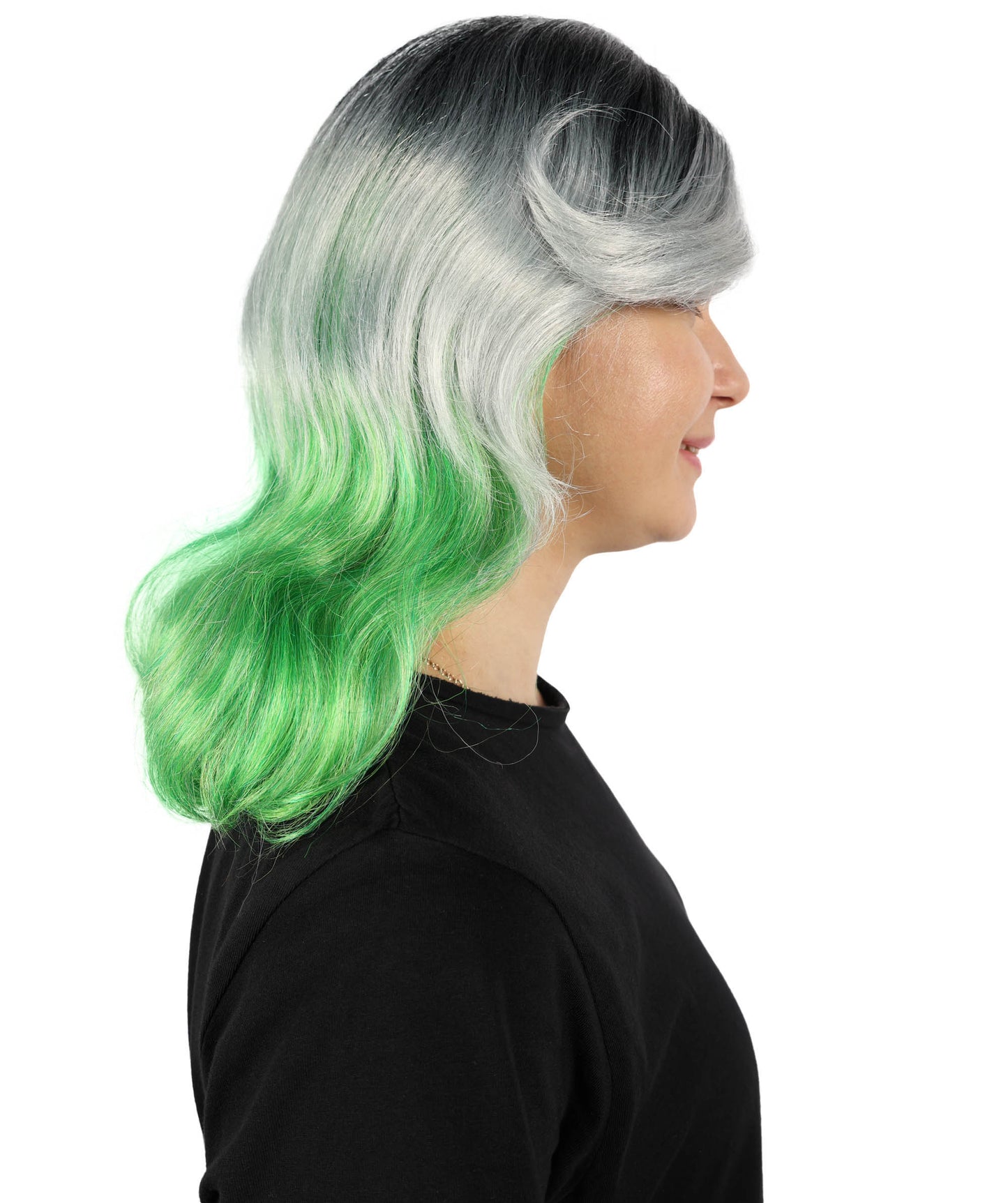 Wigs2you H-7159 大人女性用 オンブルグレー＆グリーン ショートウェーブボブウィッグ（前髪付き）｜合成繊維ファッションウィッグ｜普段使い、コスプレ、コスチューム用