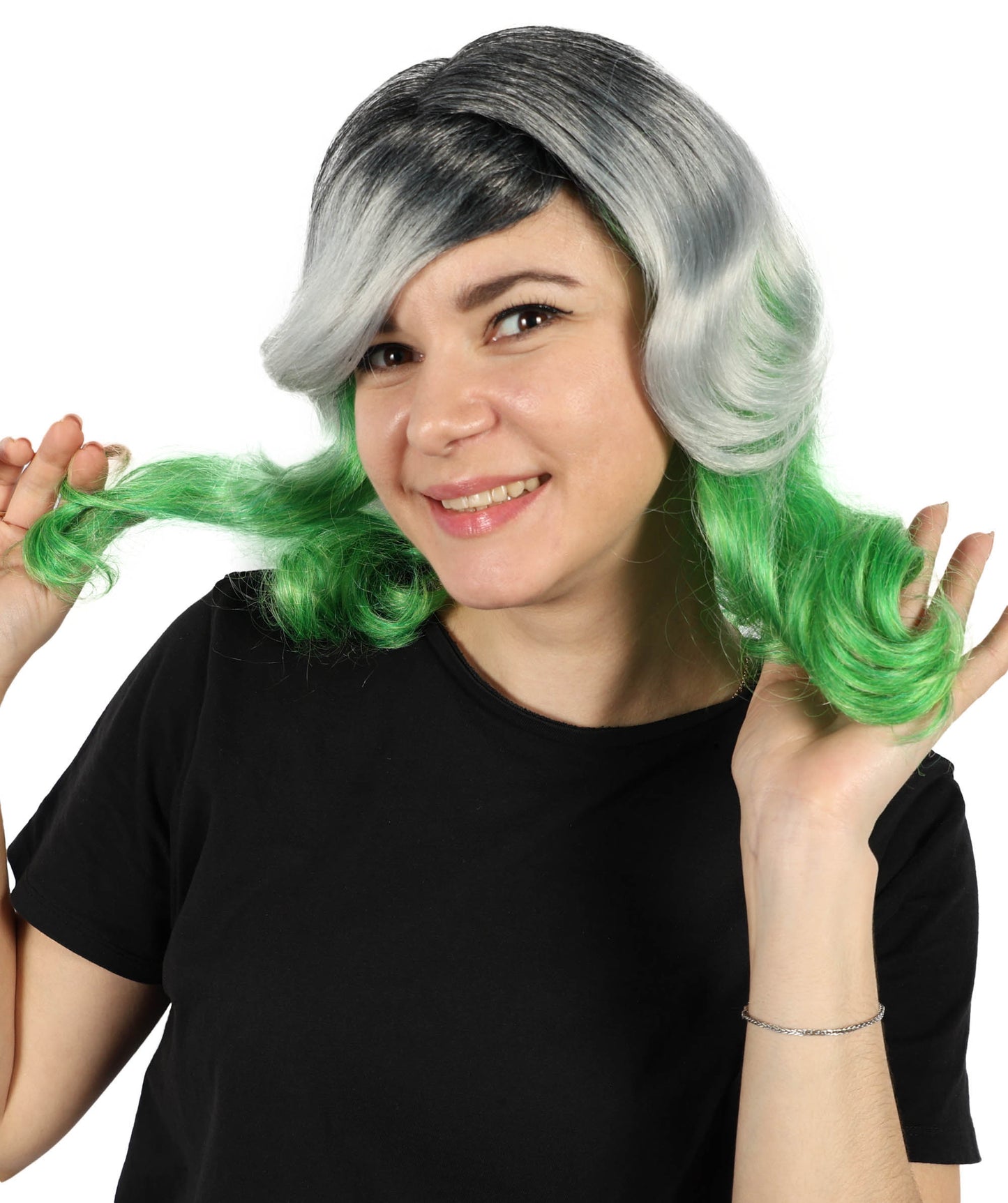 Wigs2you H-7159 大人女性用 オンブルグレー＆グリーン ショートウェーブボブウィッグ（前髪付き）｜合成繊維ファッションウィッグ｜普段使い、コスプレ、コスチューム用