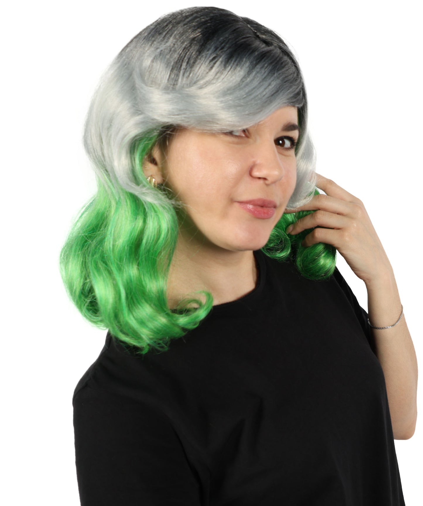 Wigs2you H-7159 大人女性用 オンブルグレー＆グリーン ショートウェーブボブウィッグ（前髪付き）｜合成繊維ファッションウィッグ｜普段使い、コスプレ、コスチューム用