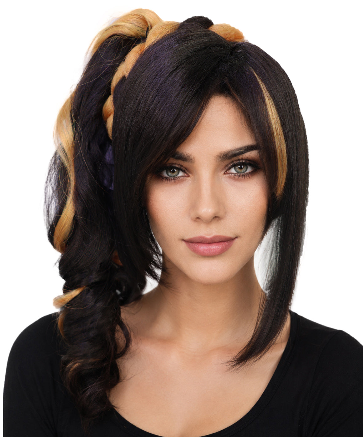 Wigs2you H-7170レディース ブラック＆オレンジ ショートウェーブウィッグ 編み込みポニーテール | 難燃性 合成繊維 フルウィッグ | コスプレ・ハロウィン・イベント・パーティー・普段使い用