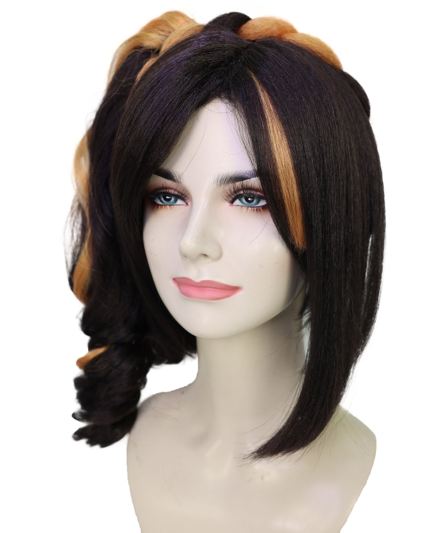 Wigs2you H-7170レディース ブラック＆オレンジ ショートウェーブウィッグ 編み込みポニーテール | 難燃性 合成繊維 フルウィッグ | コスプレ・ハロウィン・イベント・パーティー・普段使い用