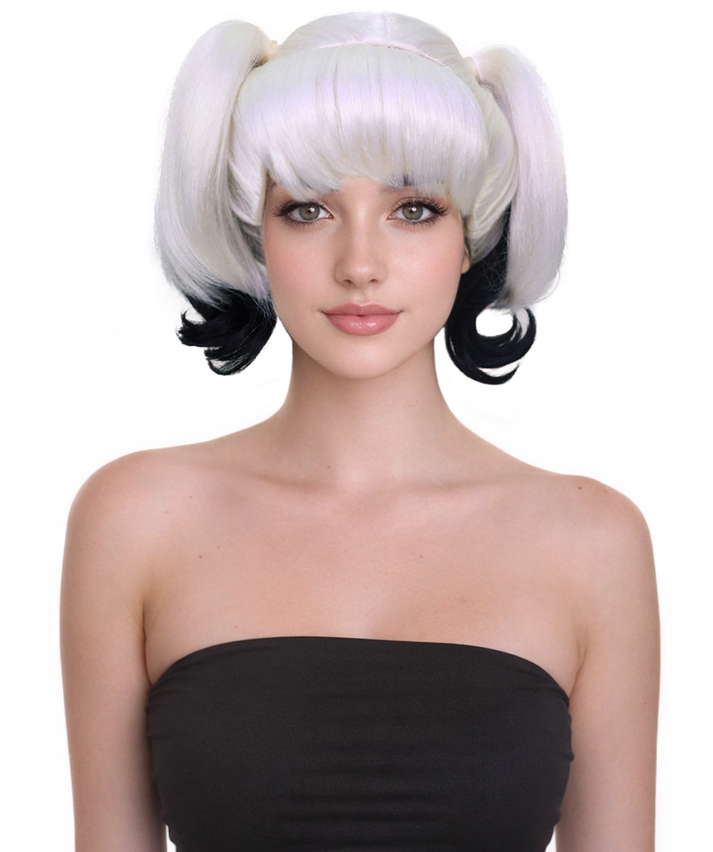 Wigs2you H-7175レディース ブラック＆ホワイト ツインテールウィッグ 前髪付き | スプリットカラー カール 合成繊維 フルウィッグ | コスプレ・ハロウィン・仮装・イベント・パーティー・普段使い用
