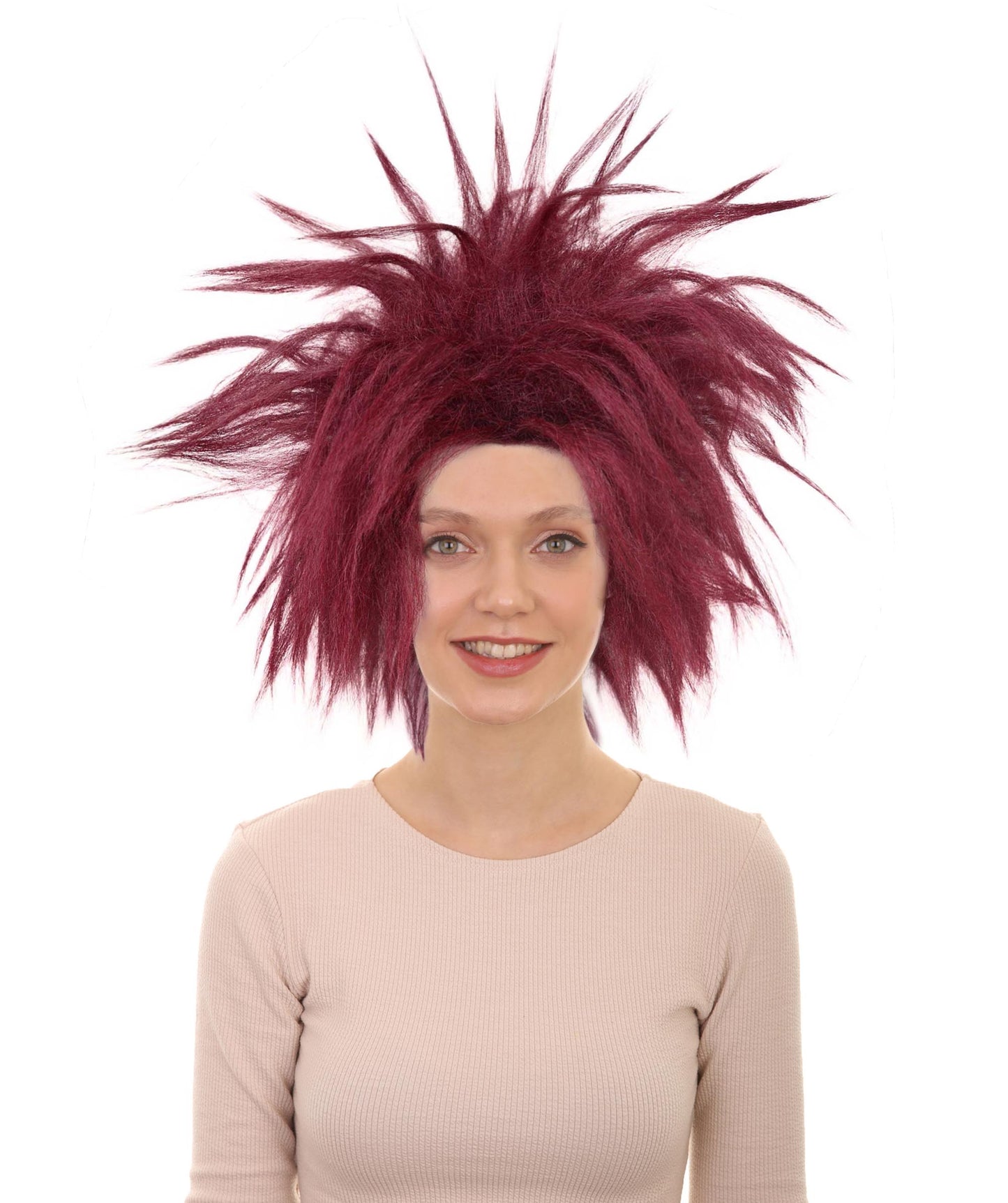 Wigs2you H-7181レディース バーガンディ スパイク モヒカン ウィッグ | ワイルドなパンク風グラム ウィッグ、ふわふわボリューム | 大胆なフェスティバル＆パーティーヘア