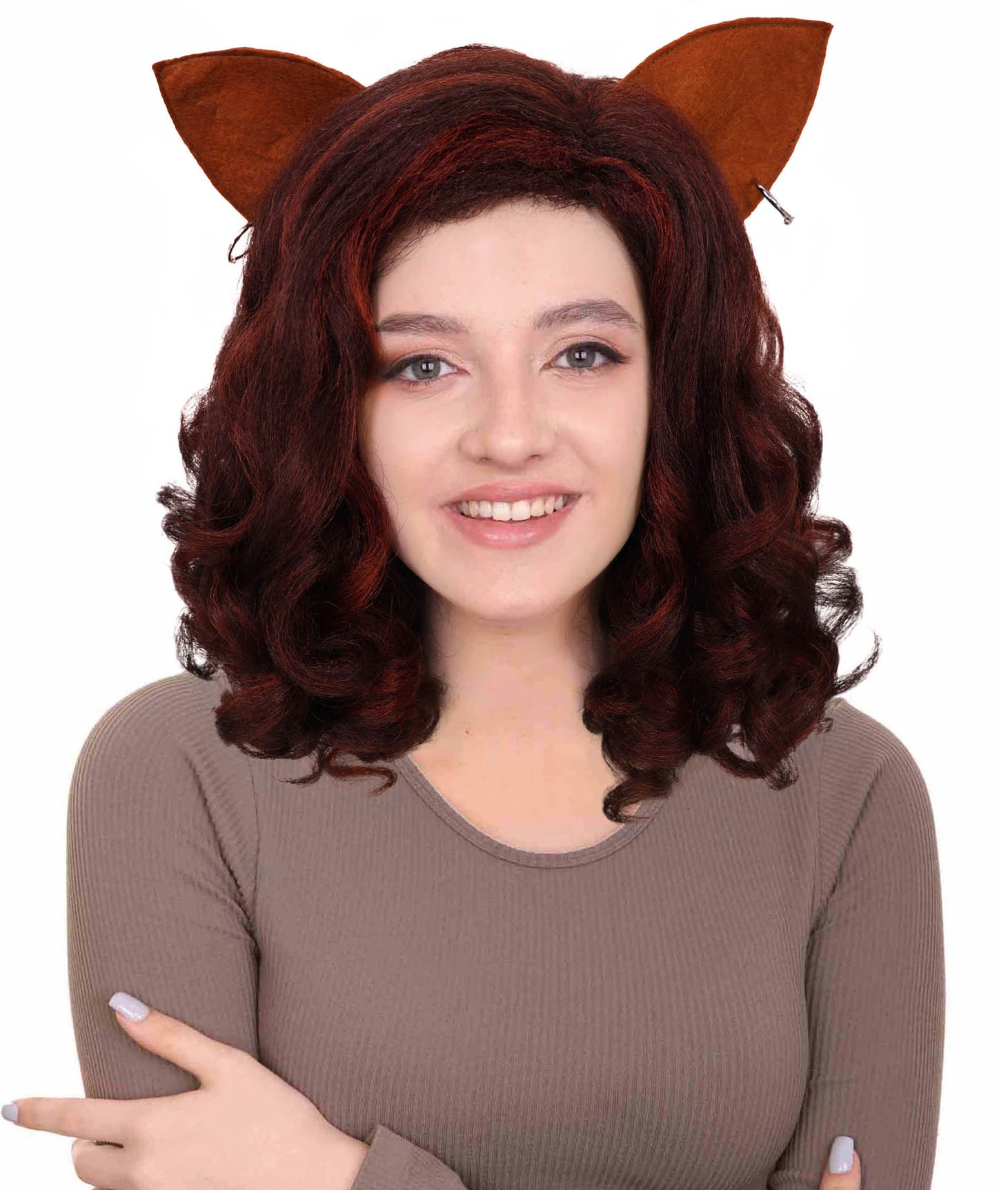 Wigs2you H-7184 女性用猫モチーフのカーリーヘアウィッグ（耳付き、バーガンディ色）｜ハロウィン＆コスプレ用ウィッグ｜難燃性合成繊維