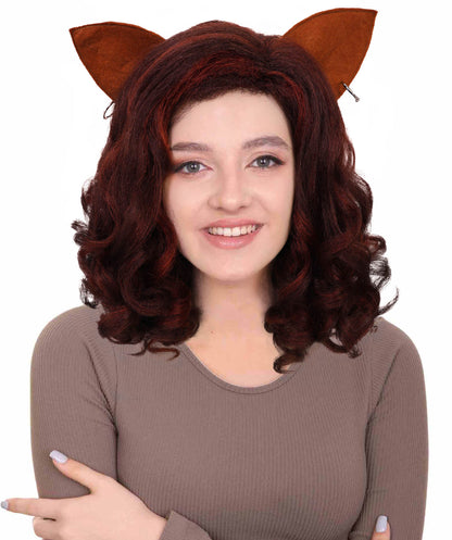 Wigs2you H-7184 女性用猫モチーフのカーリーヘアウィッグ（耳付き、バーガンディ色）｜ハロウィン＆コスプレ用ウィッグ｜難燃性合成繊維