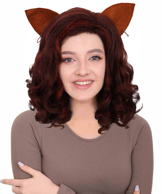Wigs2you H-7184 女性用猫モチーフのカーリーヘアウィッグ（耳付き、バーガンディ色）｜ハロウィン＆コスプレ用ウィッグ｜難燃性合成繊維