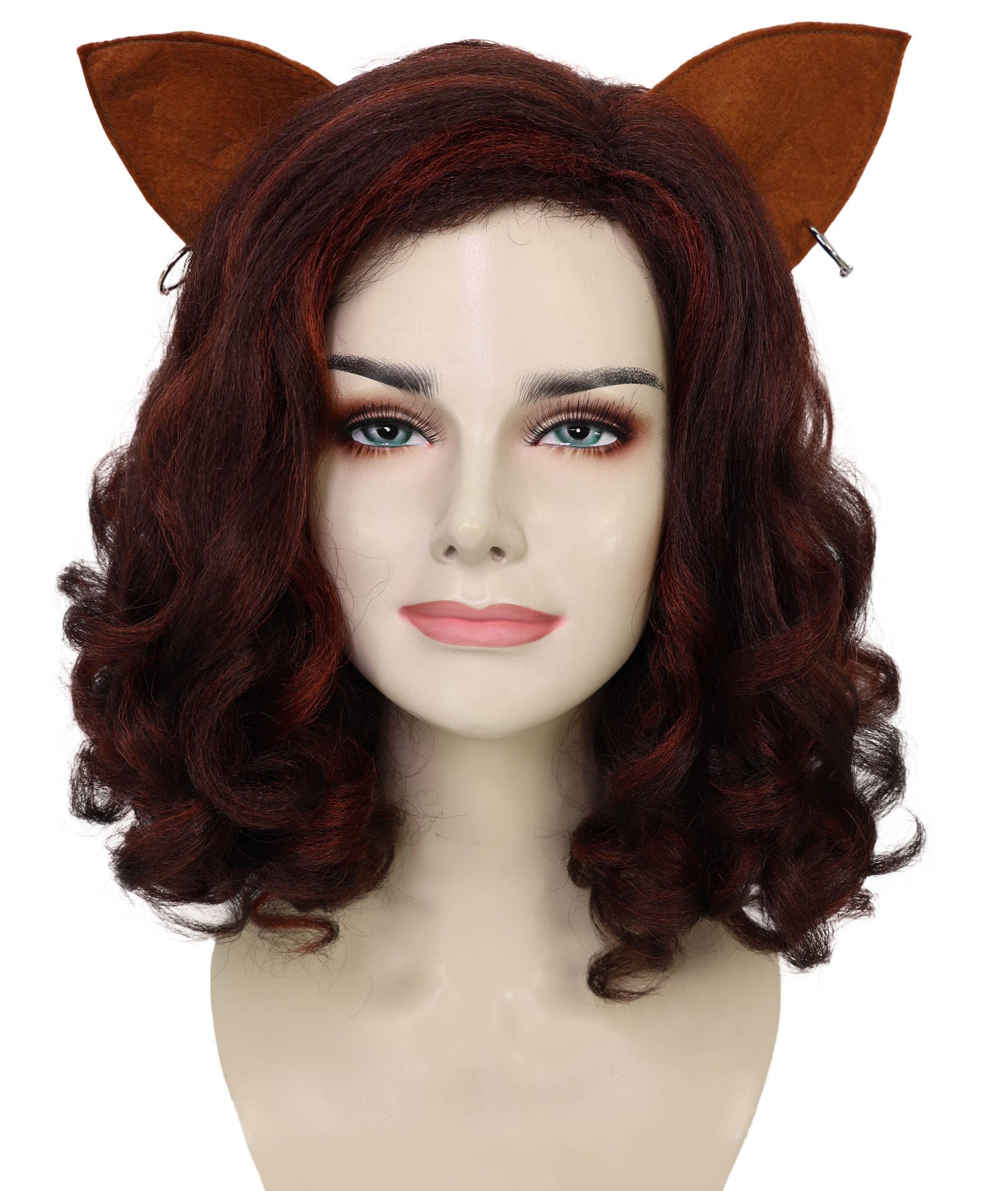 Wigs2you H-7184 女性用猫モチーフのカーリーヘアウィッグ（耳付き、バーガンディ色）｜ハロウィン＆コスプレ用ウィッグ｜難燃性合成繊維