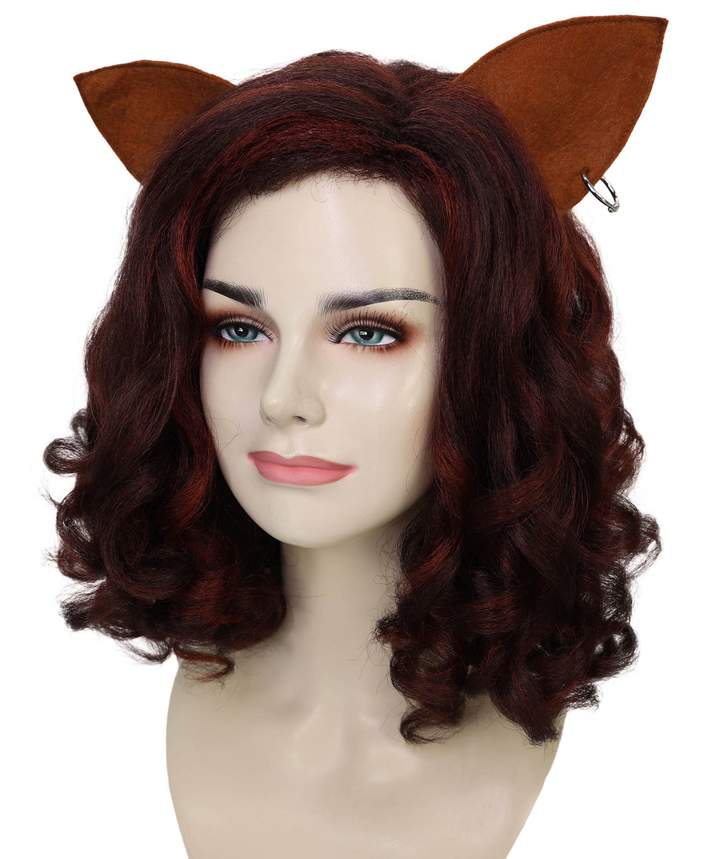 Wigs2you H-7184 女性用猫モチーフのカーリーヘアウィッグ（耳付き、バーガンディ色）｜ハロウィン＆コスプレ用ウィッグ｜難燃性合成繊維