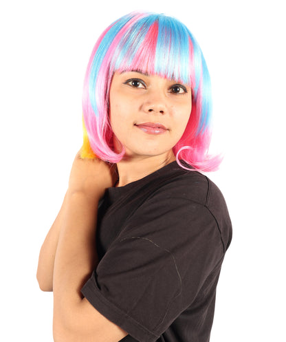 Wigs2you H-7191 女性用ショートマルチカラーネオンボブウィッグ（フラットブラントバング付き）｜鮮やかなフェスティバルカラーの合成ストレートヘア｜パーティーやレイブスタイルに最適な通気性の良いキャップレスキャップ