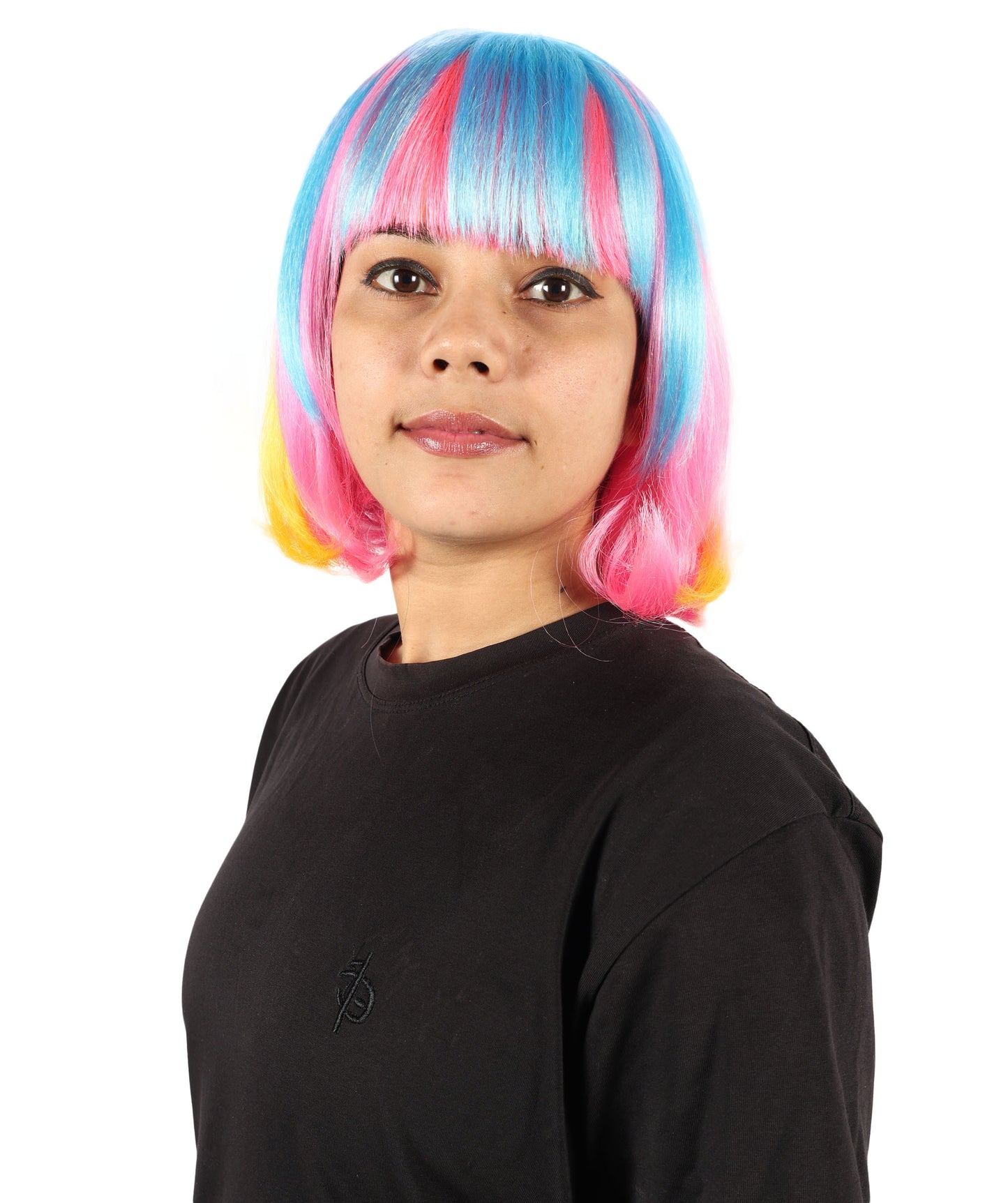 Wigs2you H-7191 女性用ショートマルチカラーネオンボブウィッグ（フラットブラントバング付き）｜鮮やかなフェスティバルカラーの合成ストレートヘア｜パーティーやレイブスタイルに最適な通気性の良いキャップレスキャップ