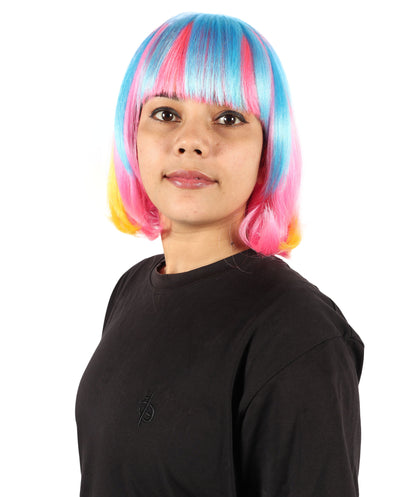 Wigs2you H-7191 女性用ショートマルチカラーネオンボブウィッグ（フラットブラントバング付き）｜鮮やかなフェスティバルカラーの合成ストレートヘア｜パーティーやレイブスタイルに最適な通気性の良いキャップレスキャップ