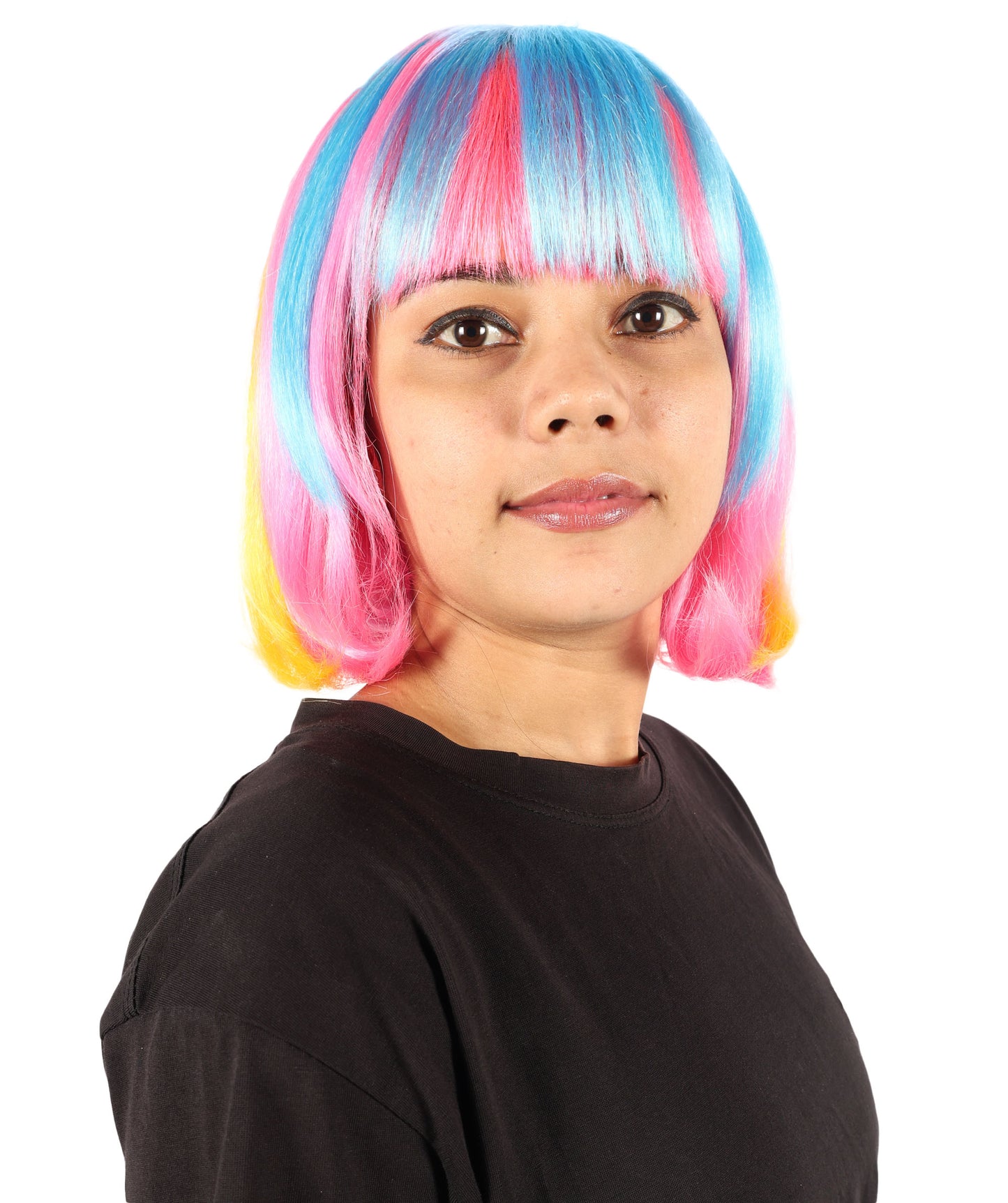 Wigs2you H-7191 女性用ショートマルチカラーネオンボブウィッグ（フラットブラントバング付き）｜鮮やかなフェスティバルカラーの合成ストレートヘア｜パーティーやレイブスタイルに最適な通気性の良いキャップレスキャップ