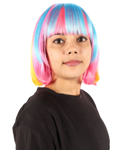 Wigs2you H-7191 女性用ショートマルチカラーネオンボブウィッグ（フラットブラントバング付き）｜鮮やかなフェスティバルカラーの合成ストレートヘア｜パーティーやレイブスタイルに最適な通気性の良いキャップレスキャップ