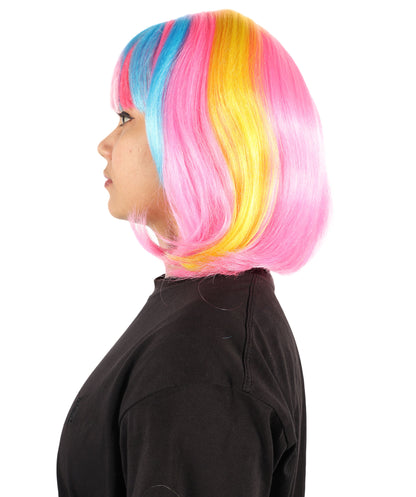 Wigs2you H-7191 女性用ショートマルチカラーネオンボブウィッグ（フラットブラントバング付き）｜鮮やかなフェスティバルカラーの合成ストレートヘア｜パーティーやレイブスタイルに最適な通気性の良いキャップレスキャップ