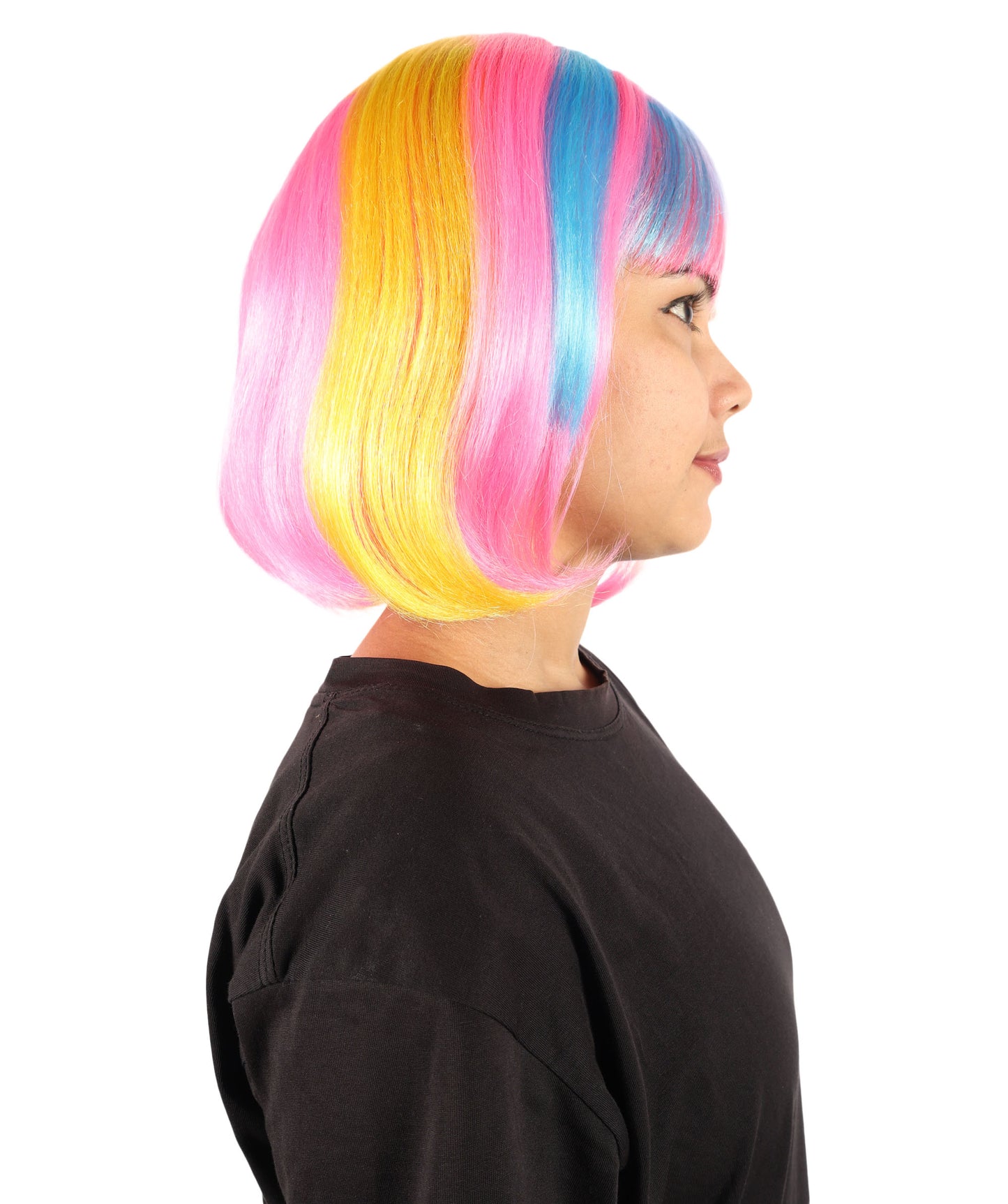Wigs2you H-7191 女性用ショートマルチカラーネオンボブウィッグ（フラットブラントバング付き）｜鮮やかなフェスティバルカラーの合成ストレートヘア｜パーティーやレイブスタイルに最適な通気性の良いキャップレスキャップ