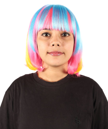 Wigs2you H-7191 女性用ショートマルチカラーネオンボブウィッグ（フラットブラントバング付き）｜鮮やかなフェスティバルカラーの合成ストレートヘア｜パーティーやレイブスタイルに最適な通気性の良いキャップレスキャップ
