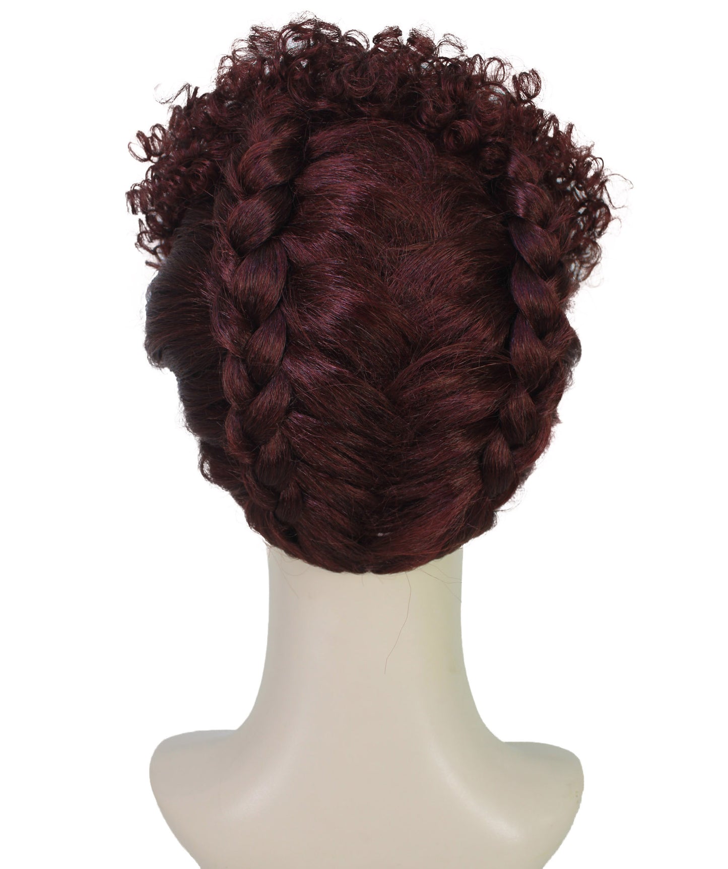 Wigs2you H-7192レディース ハンドブレイドウィッグ トレンディなアップスタイルウィッグ ダブルフレンチブレイドとナチュラルカールトップ | ランウェイカラーのブラックとダークワイン | 合成繊維 | 通気性の良いキャップレスフィット