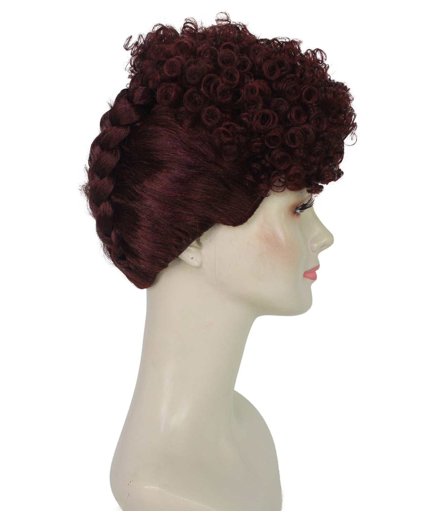 Wigs2you H-7192レディース ハンドブレイドウィッグ トレンディなアップスタイルウィッグ ダブルフレンチブレイドとナチュラルカールトップ | ランウェイカラーのブラックとダークワイン | 合成繊維 | 通気性の良いキャップレスフィット