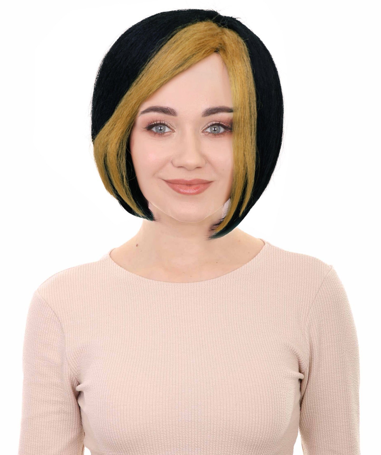 Wigs2you H-7197きらめく黒のショートウィッグ（ゴールドのハイライト入り）｜グラマラスなスーパーヴィラン風ヘアピース｜コスプレ、ハロウィン、舞台、テーマイベントに最適