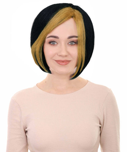 Wigs2you H-7197きらめく黒のショートウィッグ（ゴールドのハイライト入り）｜グラマラスなスーパーヴィラン風ヘアピース｜コスプレ、ハロウィン、舞台、テーマイベントに最適