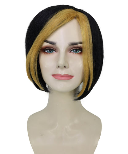 Wigs2you H-7197きらめく黒のショートウィッグ（ゴールドのハイライト入り）｜グラマラスなスーパーヴィラン風ヘアピース｜コスプレ、ハロウィン、舞台、テーマイベントに最適