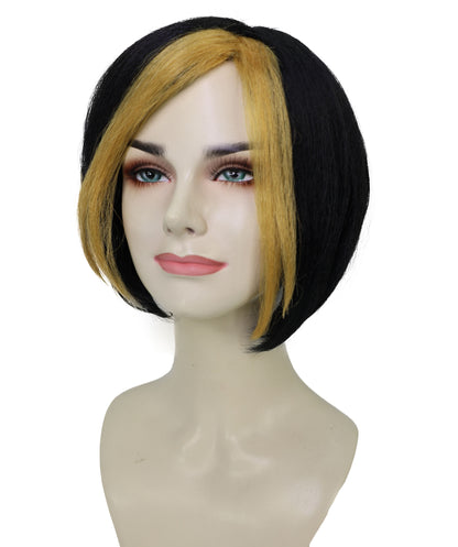 Wigs2you H-7197きらめく黒のショートウィッグ（ゴールドのハイライト入り）｜グラマラスなスーパーヴィラン風ヘアピース｜コスプレ、ハロウィン、舞台、テーマイベントに最適