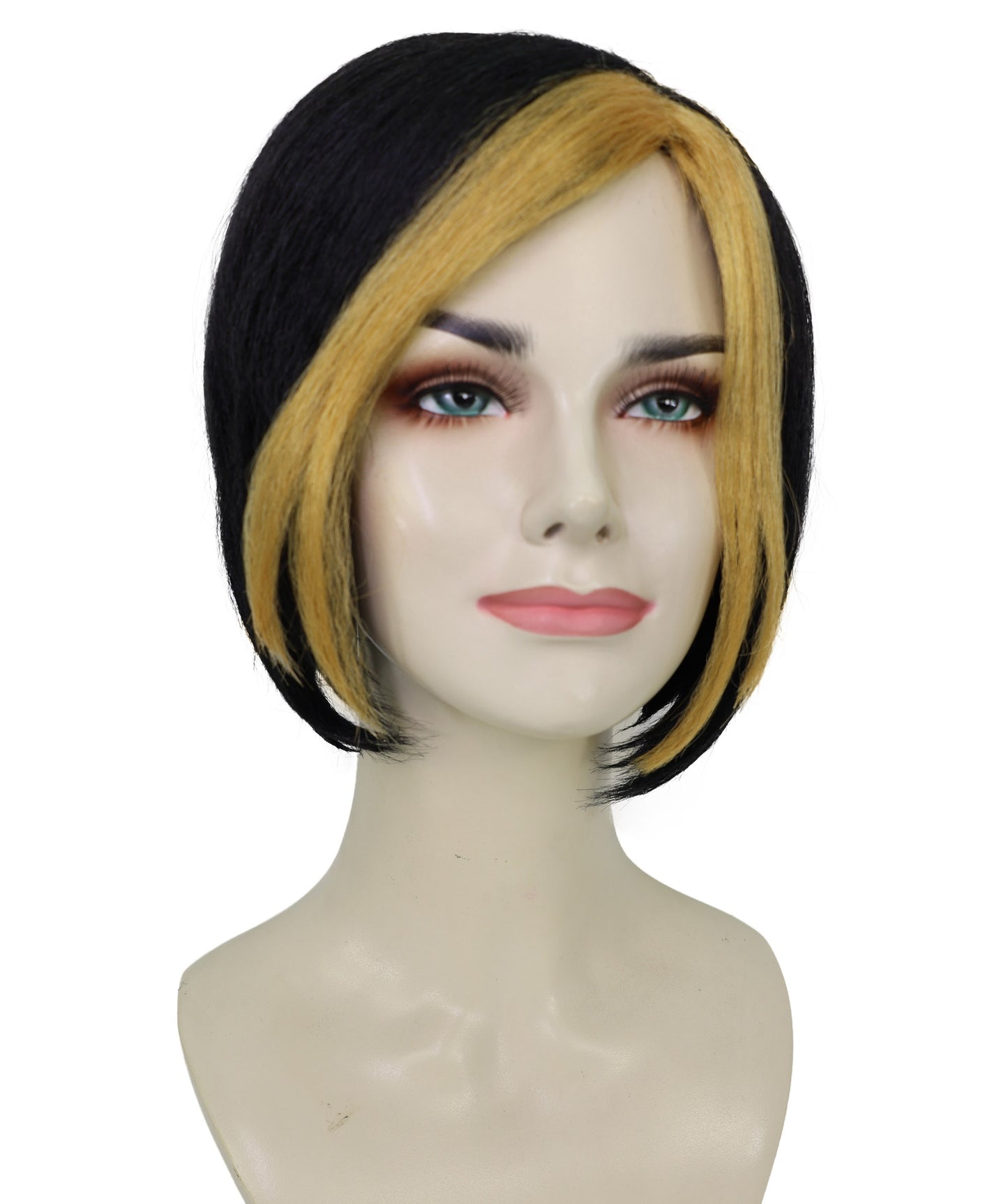 Wigs2you H-7197きらめく黒のショートウィッグ（ゴールドのハイライト入り）｜グラマラスなスーパーヴィラン風ヘアピース｜コスプレ、ハロウィン、舞台、テーマイベントに最適