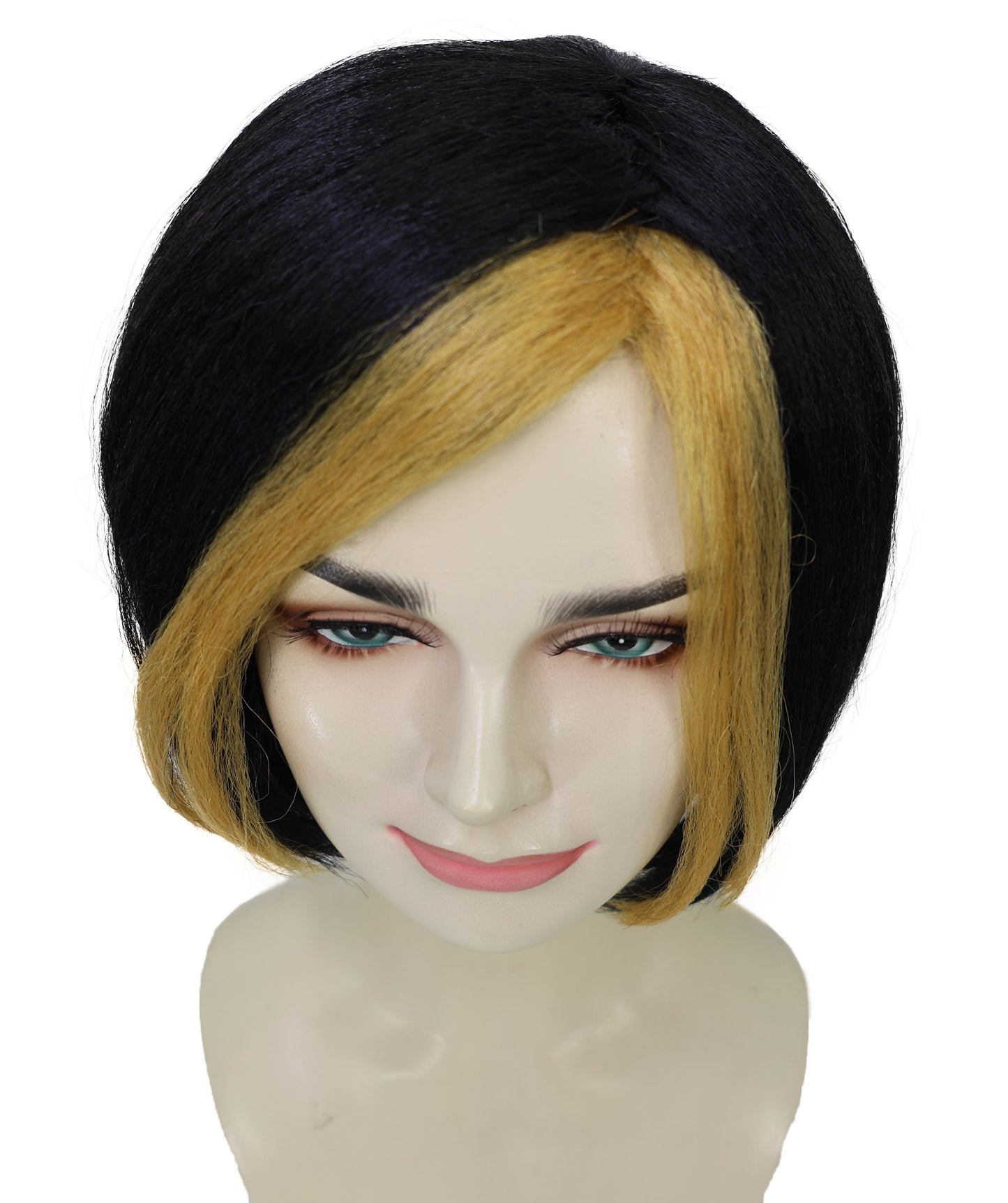 Wigs2you H-7197きらめく黒のショートウィッグ（ゴールドのハイライト入り）｜グラマラスなスーパーヴィラン風ヘアピース｜コスプレ、ハロウィン、舞台、テーマイベントに最適