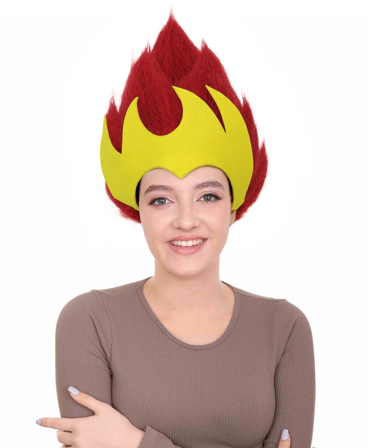 Wigs2you H-7198 女性用ファンタジークイーン 燃えるような赤と黄色のスパイクウィッグ | 威厳ある悪女風ヘアピース | ハロウィンに最適 | 通気性のあるキャップレスキャップ