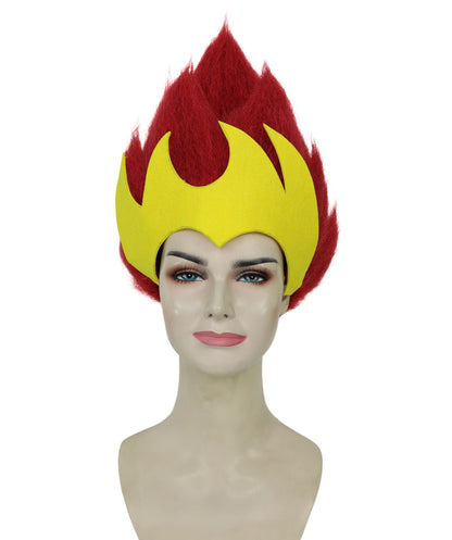 Wigs2you H-7198 女性用ファンタジークイーン 燃えるような赤と黄色のスパイクウィッグ | 威厳ある悪女風ヘアピース | ハロウィンに最適 | 通気性のあるキャップレスキャップ