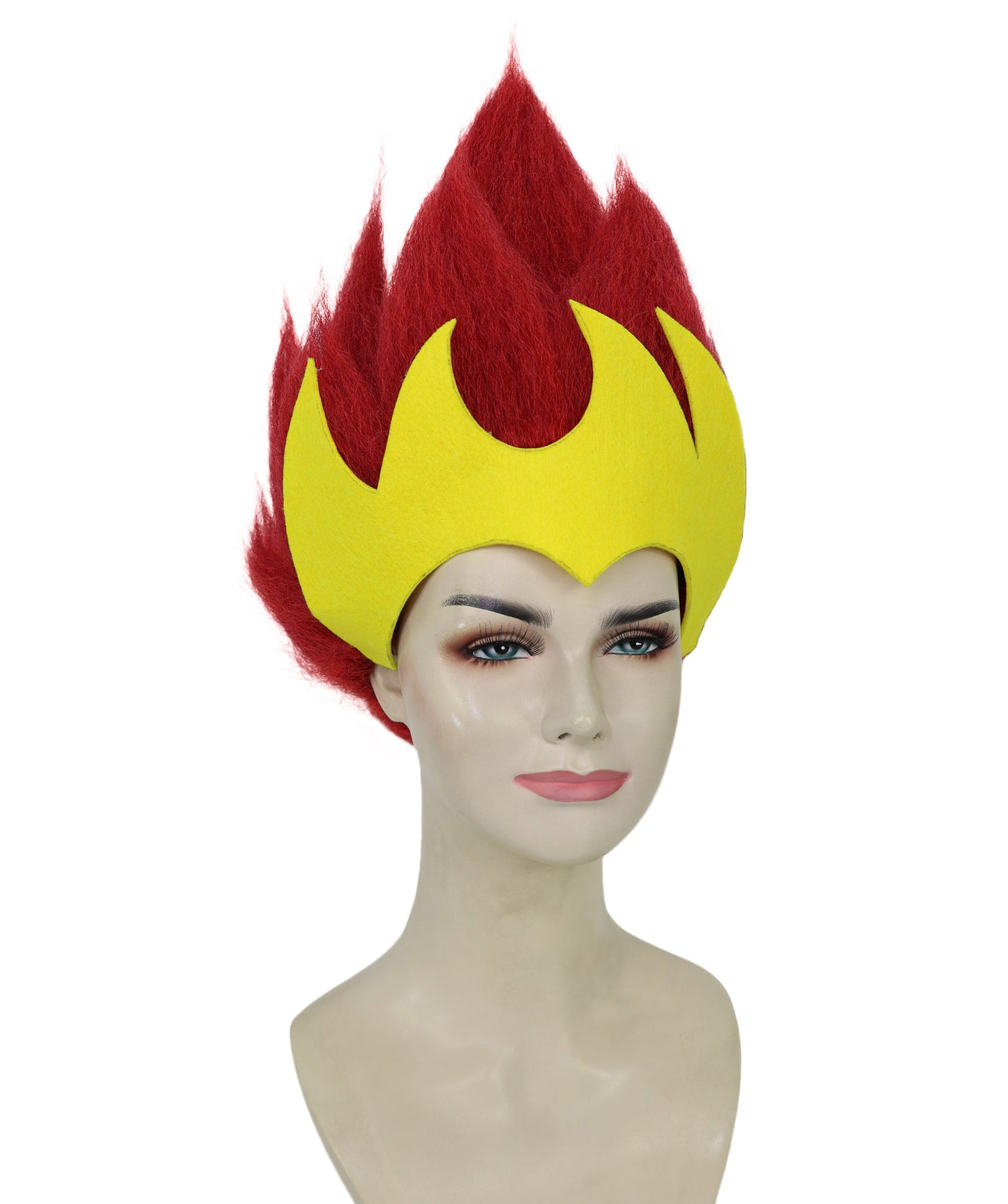 Wigs2you H-7198 女性用ファンタジークイーン 燃えるような赤と黄色のスパイクウィッグ | 威厳ある悪女風ヘアピース | ハロウィンに最適 | 通気性のあるキャップレスキャップ