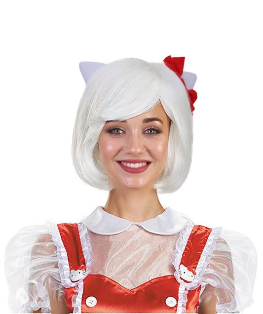 Wigs2you H-7199女性用 猫モチーフ ホワイトショートウィッグ リボン付き 10インチ 約25cm ソフト合成繊維 コスプレ 仮装 パーティー イベント用