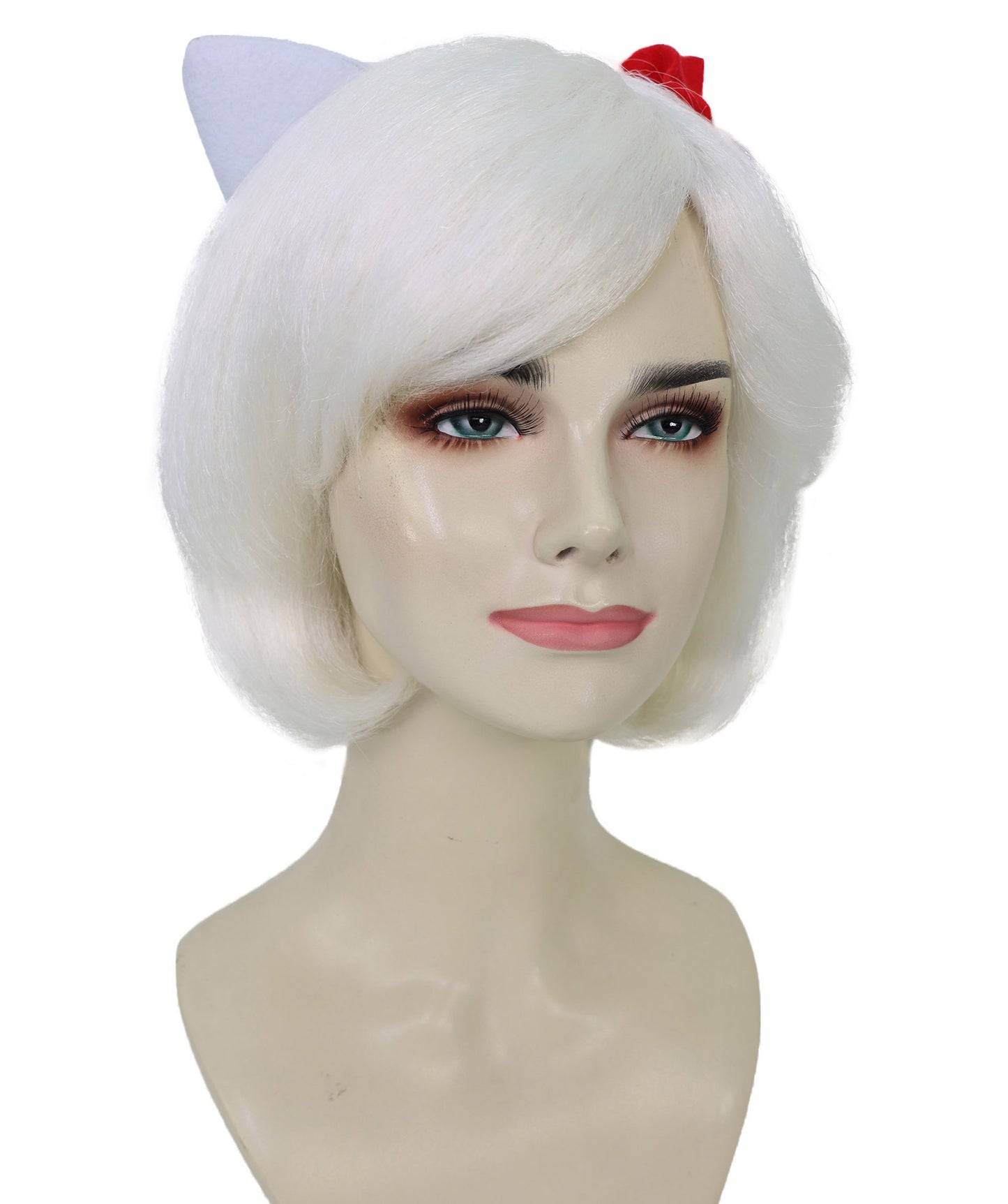 Wigs2you H-7199女性用 猫モチーフ ホワイトショートウィッグ リボン付き 10インチ 約25cm ソフト合成繊維 コスプレ 仮装 パーティー イベント用