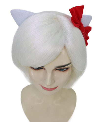 Wigs2you H-7199女性用 猫モチーフ ホワイトショートウィッグ リボン付き 10インチ 約25cm ソフト合成繊維 コスプレ 仮装 パーティー イベント用