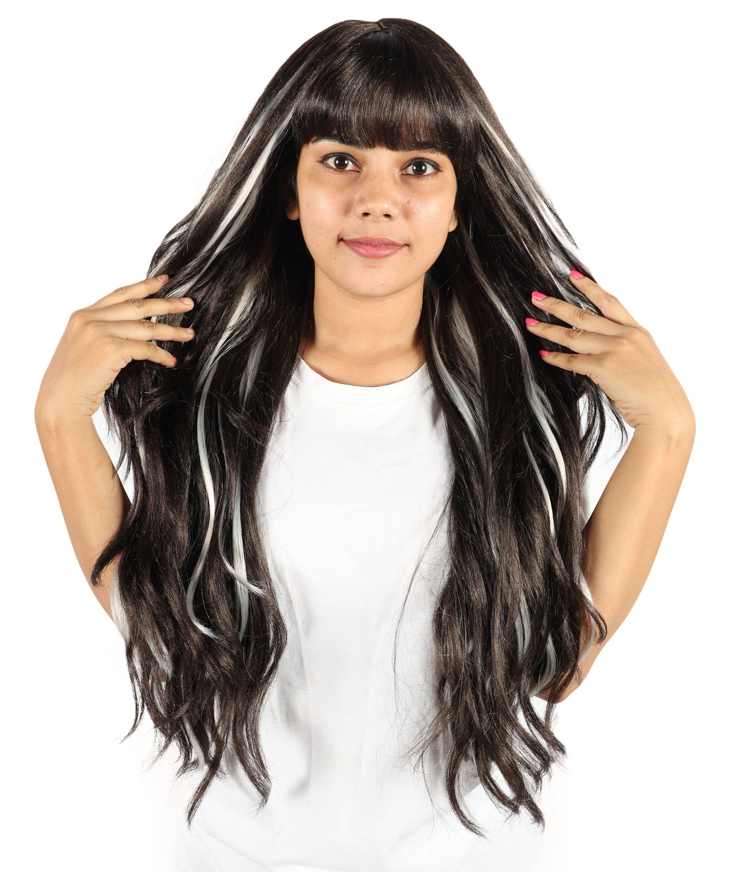Wigs2you H-7219 女性用ブラウンミックスブロンドハイライトエクストラロングウェーブウィッグ（前髪付き）｜ナチュラルウェーブ合成繊維ウィッグ｜キャップレスデザイン