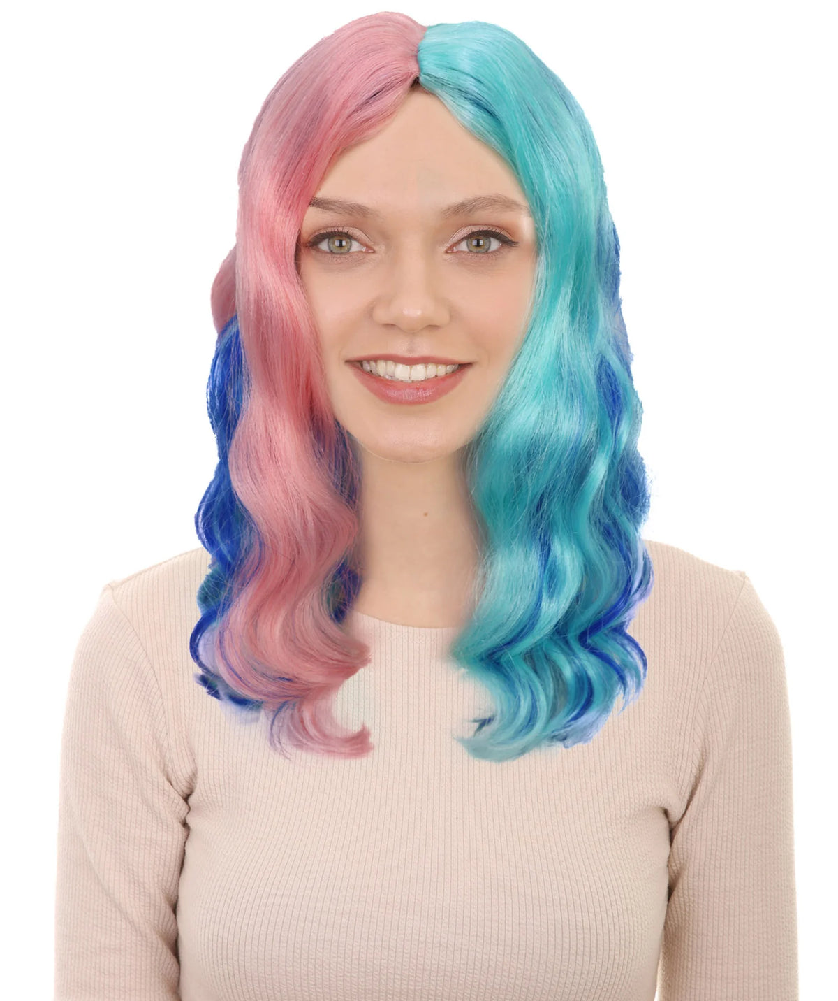 Wigs2you H-7220 鮮やかなピンクとブルーのグラデーションウォーターリップルカーリーウィッグ｜ハロウィンに最適｜通気性の良いキャップレスキャップ