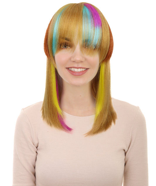 Wigs2you H-7221 女性用鮮やかなレインボーフリンジウィッグ｜カラフルなメッシュ入りボブスタイル｜通気性の良いキャップレスキャップ