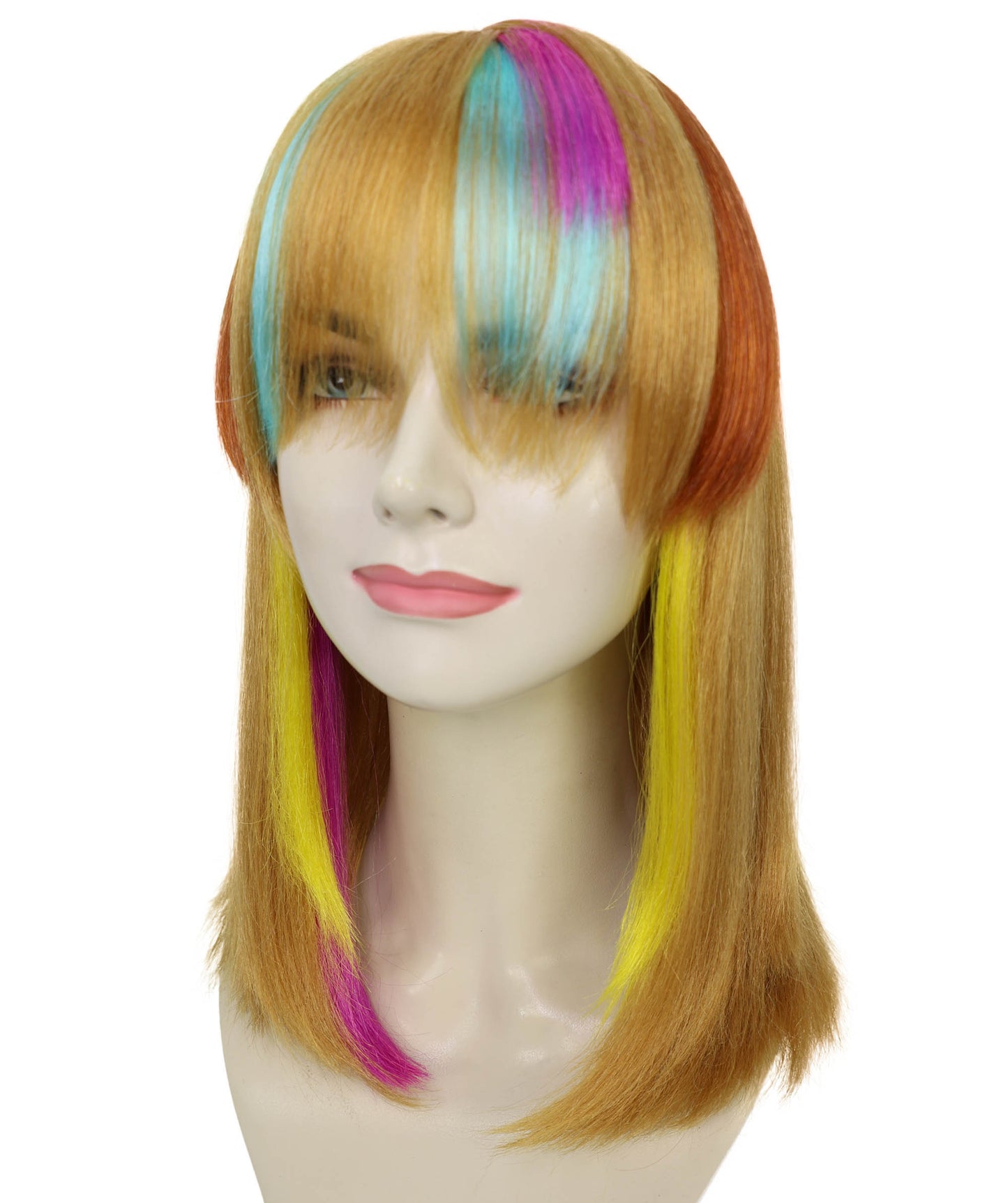 Wigs2you H-7221 女性用鮮やかなレインボーフリンジウィッグ｜カラフルなメッシュ入りボブスタイル｜通気性の良いキャップレスキャップ